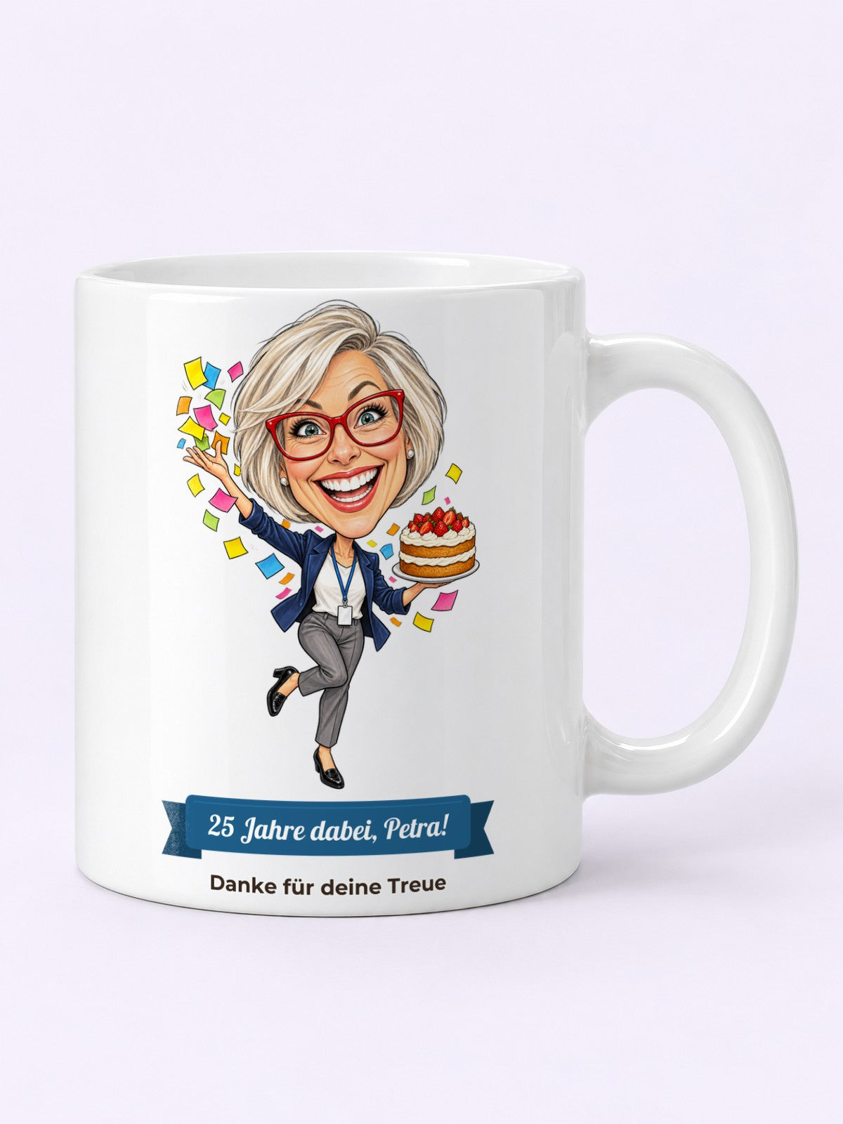 Beispiel: Tasse · Full print mit lustiger Karikatur und Textband