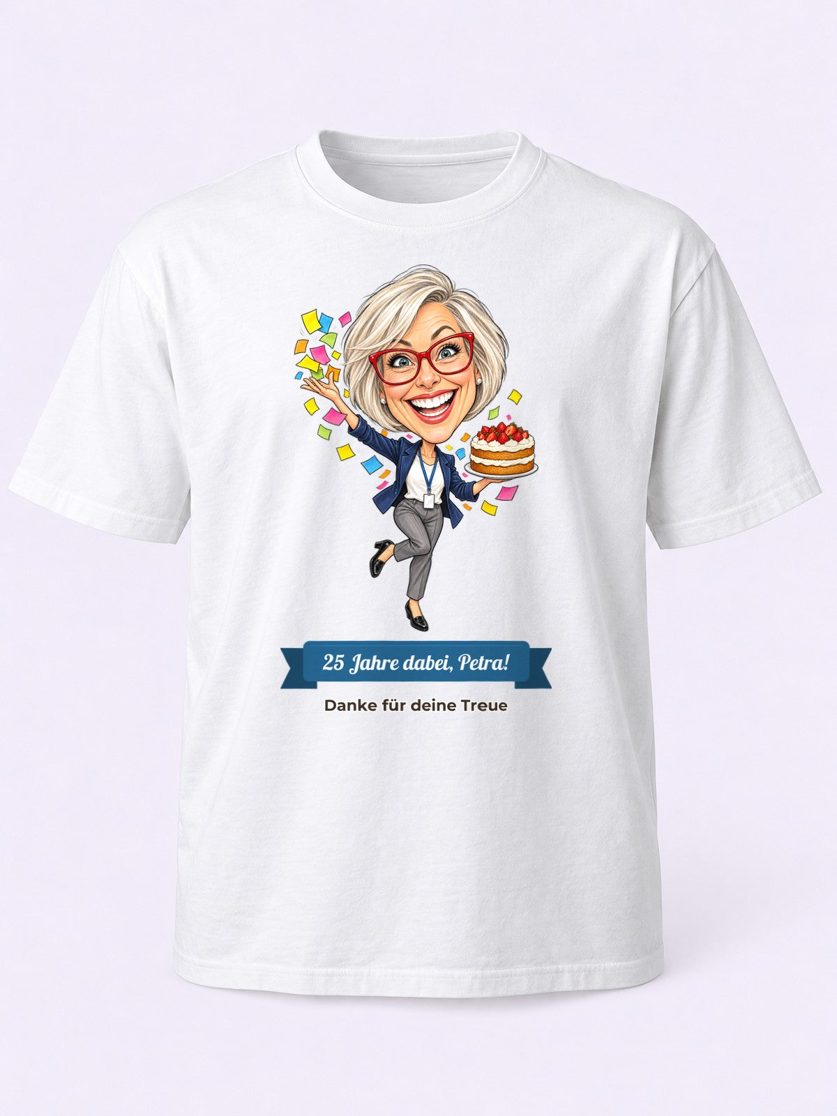 Beispiel: T-Shirt in Weiß mit lustiger Karikatur und Textband