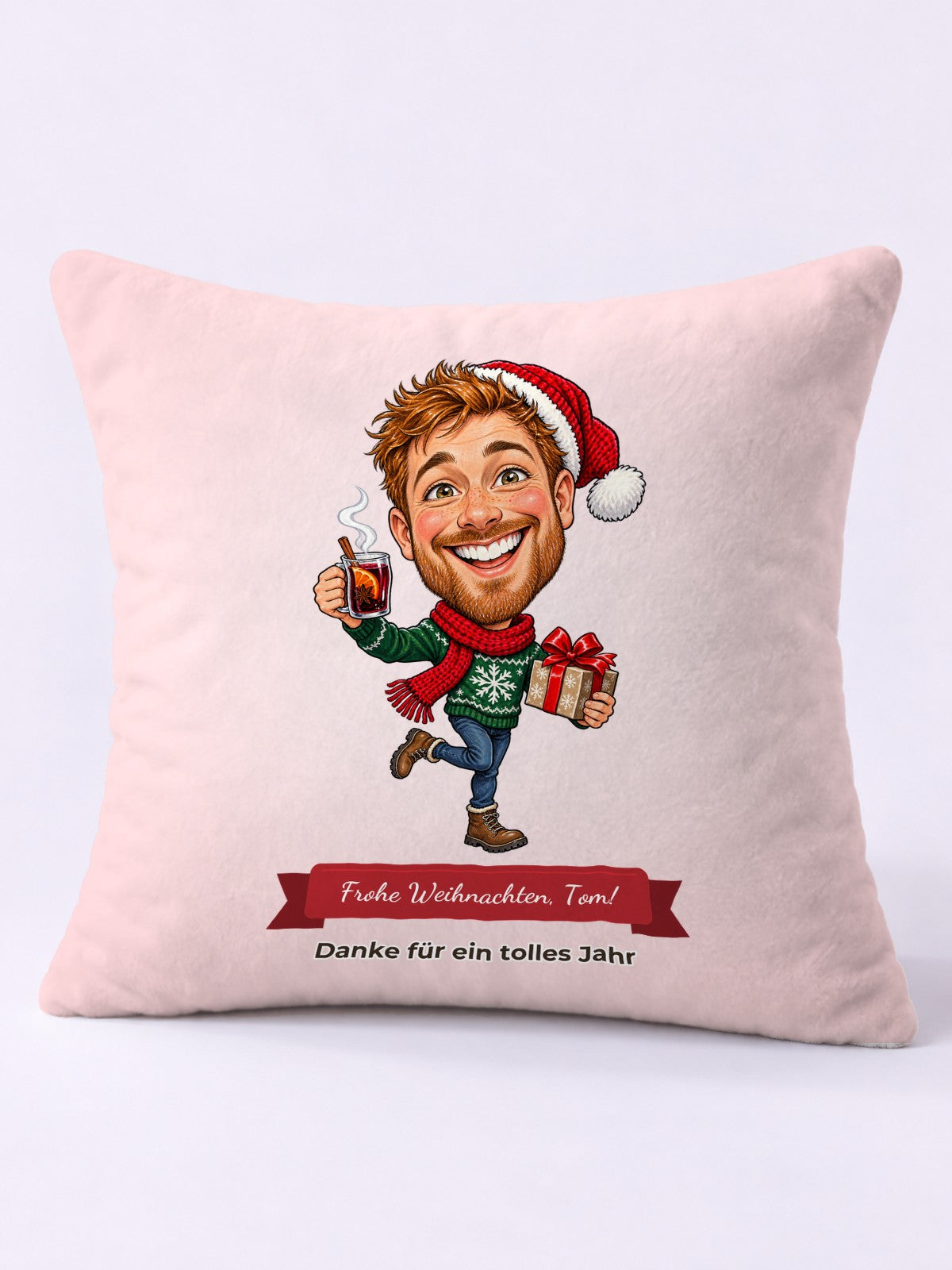 Beispiel: Kissen 40 × 40 cm mit lustiger Karikatur und Textband